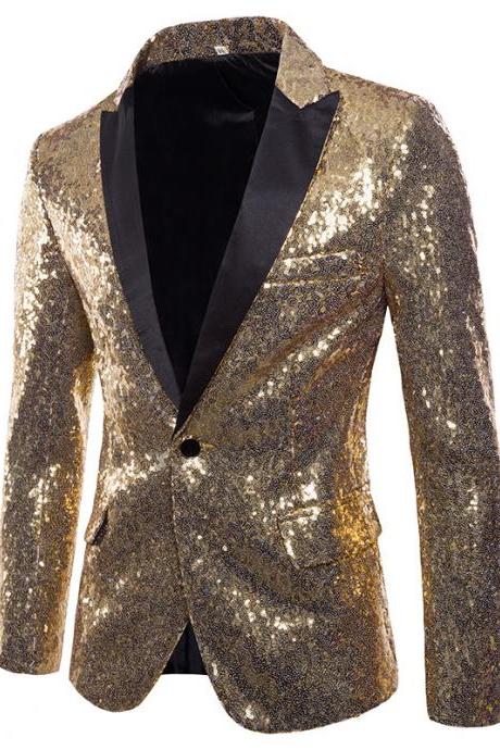 Men Sequined Blazer Coat Stage Performer Formal Host Suit Bridegroom Tuxedos Prom Wedding Groom Jacket Gold