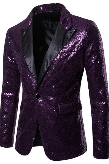 Men Sequined Blazer Coat Stage Performer Formal Host Suit Bridegroom Tuxedos Prom Wedding Groom Jacket purple