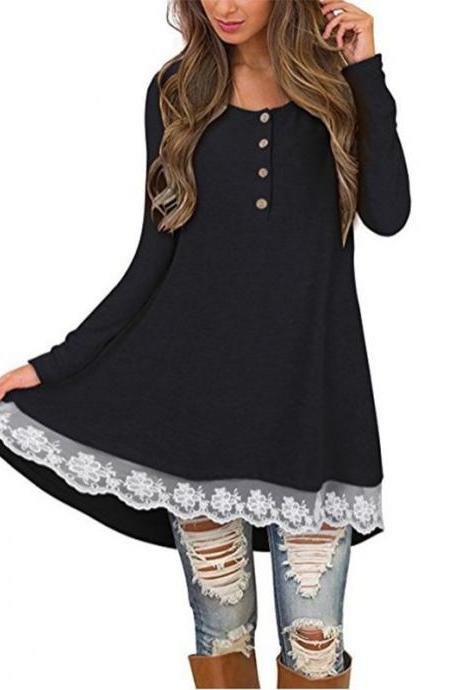 Women Casual Dress Autumn Button Long Sleeve Lace Patchwork Loose Mini Dress Black