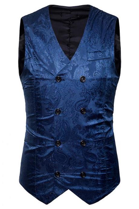 Men Floral Printed Waistcoat Double Breasted Vest Slim Sleeveless Casual Business Formal Suit Coat blue