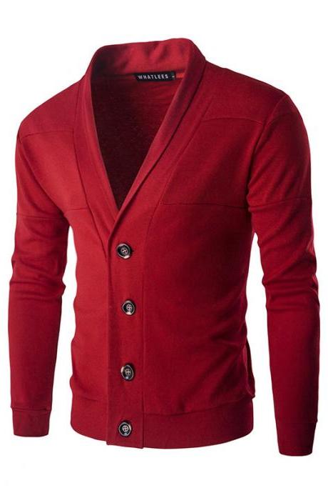 Men Cardigan Spring Autumn Single Breasted Long Sleeve Slim Fit Casual Sweater Coat Red