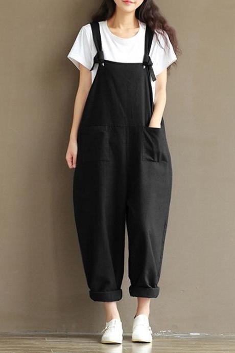 Women Suspender Pants Plus Size Casual Loose Cotton Trousers Long Overalls Rompers Black