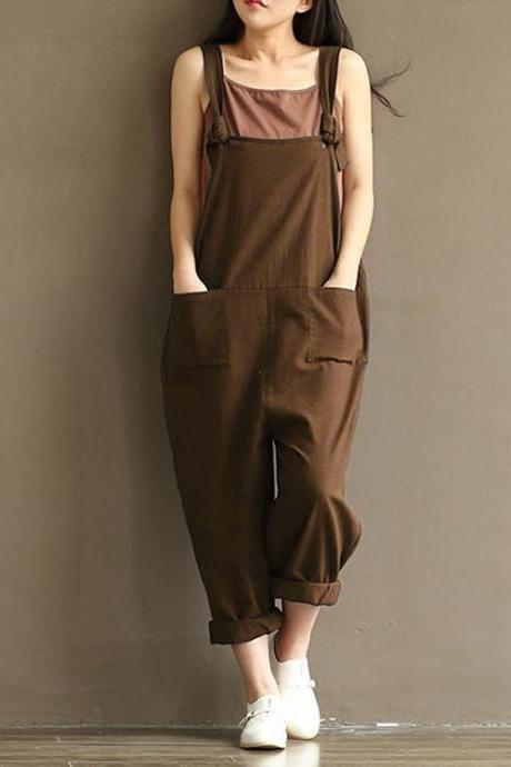 Women Suspender Pants Plus Size Casual Loose Cotton Trousers Long Overalls Rompers Coffee