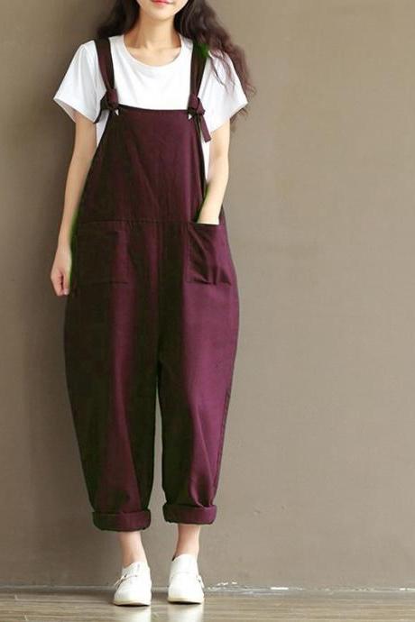 Women Suspender Pants Plus Size Casual Loose Cotton Trousers Long Overalls Rompers Dark Red