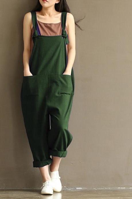 Women Suspender Pants Plus Size Casual Loose Cotton Trousers Long Overalls Rompers Green