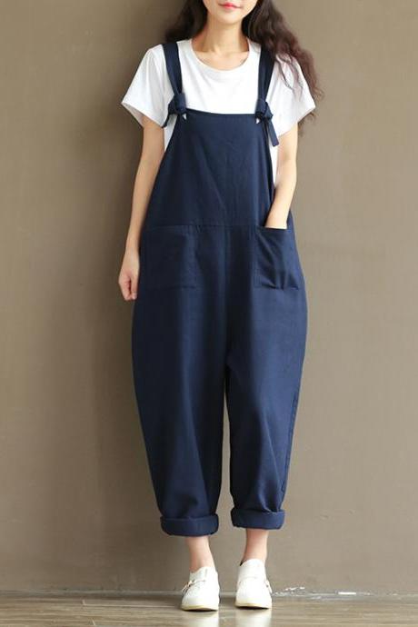 Women Suspender Pants Plus Size Casual Loose Cotton Trousers Long Overalls Rompers navy blue
