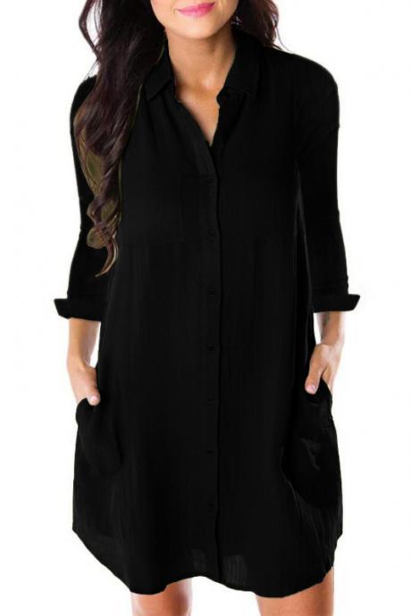 Women Shirt Dress Autumn Spring Long Sleeve Pockets Buttons Loose Mini Casual Dress black