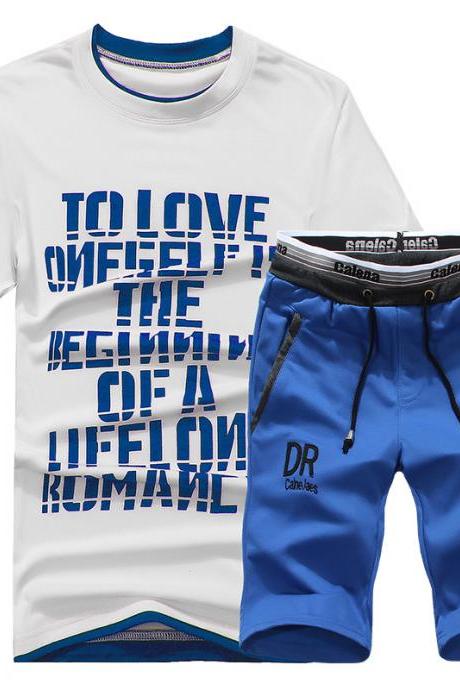 Men Tracksuit Summer Short Sleeve T Shirt+Shorts Casual Fitness Sporting Suit Two Pieces Set blue