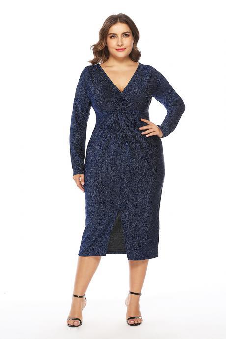Plus Size Women Pencil Dress Long Sleeve V Neck Split Casual Bodycon Club Party Dress blue