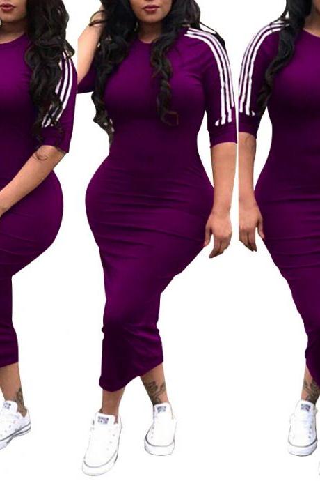  Women Maxi Dress Half Sleeve Striped Patchwork Casual Streetwear Bodycon Long Dress purple