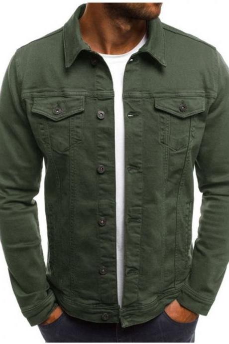  Men Jacket Spring Autumn Long Sleeve Button Pocket Causal Slim Fit Coat army green