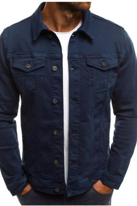 Men Jacket Spring Autumn Long Sleeve Button Pocket Causal Slim Fit Coat navy blue