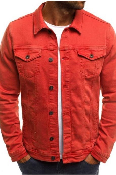 Men Jacket Spring Autumn Long Sleeve Button Pocket Causal Slim Fit Coat Red