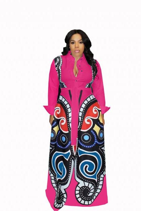Women Maxi Dress Long Sleeve Butterfly Printed Casual Streetwear Party African Dress hot pink