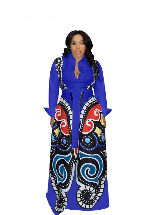 Women Maxi Dress Long Sleeve Butterfly Printed Casual Streetwear Party African Dress royal blue