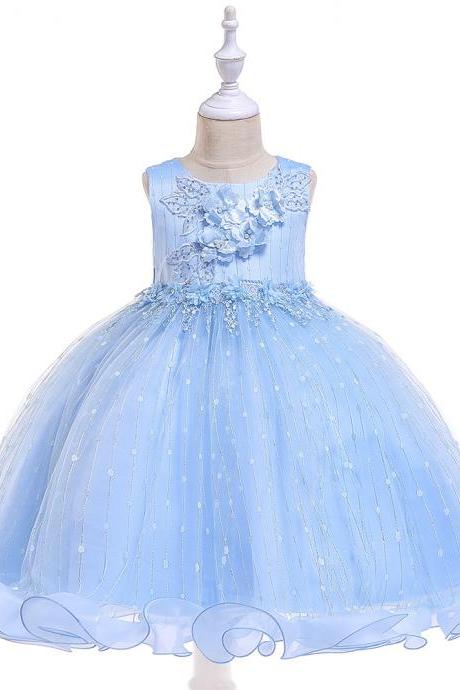  Princess Flower Girl Dress Ruffles Sleeveless Formal Birthday Party Prom Gown Children Clothes sky blue