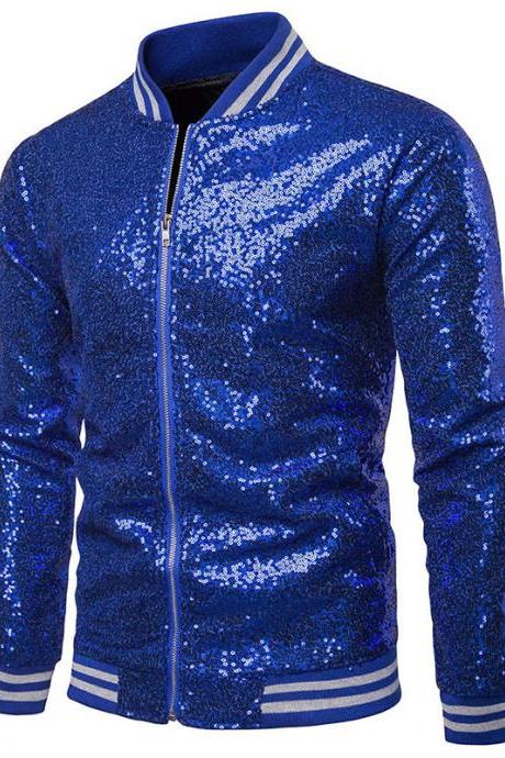 Men Sequined Jacket Glitter Long Sleeve Zipper Stand Collar Casual Nightclub Prom Stage Coat