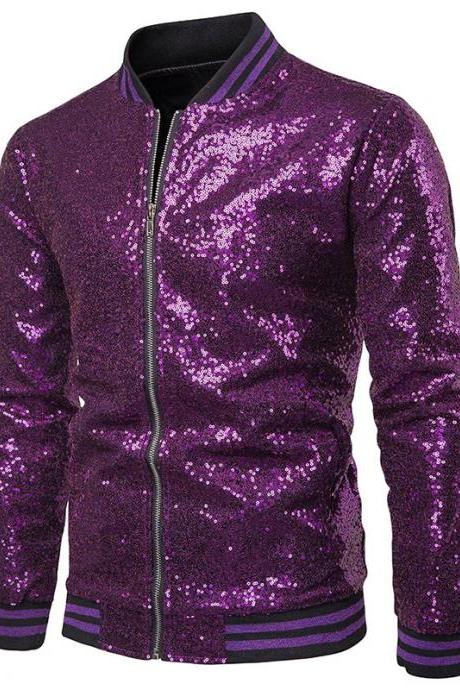 Men Sequined Jacket Glitter Long Sleeve Zipper Stand Collar Casual Nightclub Prom Stage Coat purple