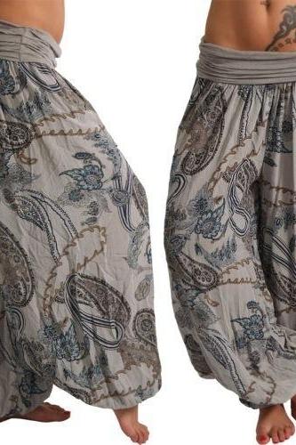 Women Floral Printed Wide Leg Pants Boho Casual Loose Vintage Plus Size Long Harem Trousers gray
