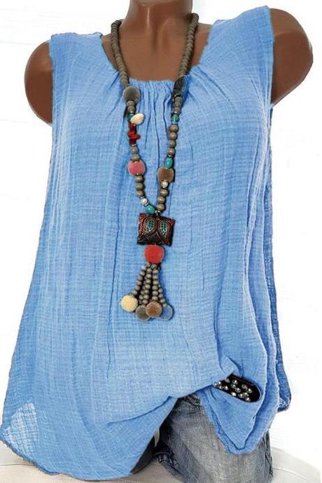  Women Sleeveless T Shirt O Neck Cotton Linen Casual Loose Plus Size Summer Vest Tops sky blue