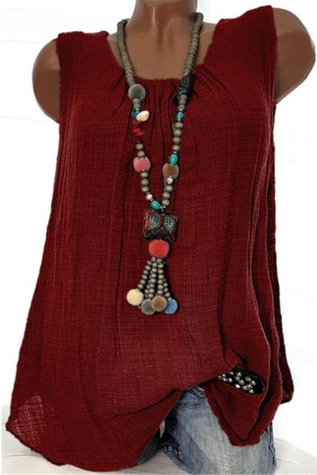 Women Sleeveless T Shirt O Neck Cotton Linen Casual Loose Plus Size Summer Vest Tops wine red