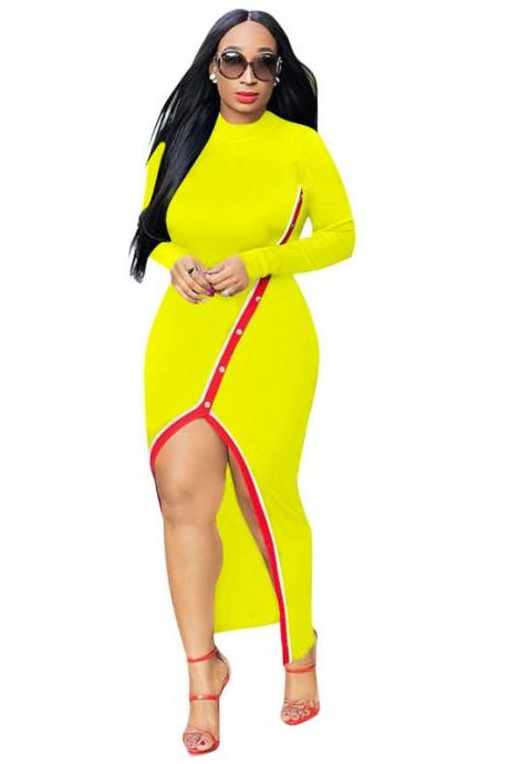 Women Maxi Dress Long Sleeve Sexy Pearls Split Casual Bodycon Night Club Party Dress yellow