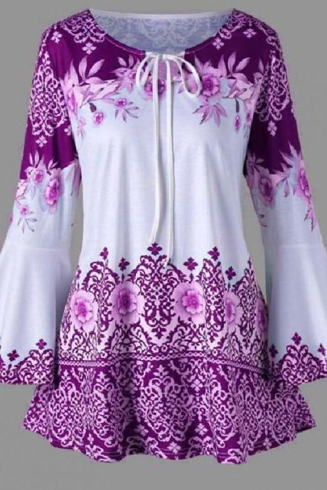 Women Floral Printed T Shirt Spring Autumn Long Flare Sleeve Casual Loose Plus Size Tops Blouse Purple