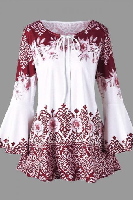 Women Floral Printed T Shirt Spring Autumn Long Flare Sleeve Casual Loose Plus Size Tops Blouse Red
