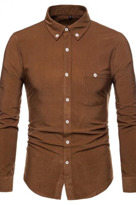 Men Shirt Spring Autumn Corduroy Long Sleeve Single Breasted Casual Slim Fit Plus Size Shirt brown 