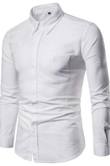Men Shirt Spring Autumn Corduroy Long Sleeve Single Breasted Casual Slim Fit Plus Size Shirt off white