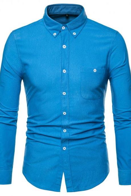 Men Shirt Spring Autumn Corduroy Long Sleeve Single Breasted Casual Slim Fit Plus Size Shirt sky blue