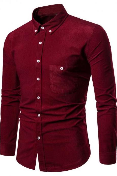 Men Shirt Spring Autumn Corduroy Long Sleeve Single Breasted Casual Slim Fit Plus Size Shirt wine red