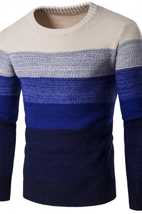 Men Knitted Sweater O Neck Striped Patchwork Casual Long Sleeve Slim Fit Pullover Tops blue