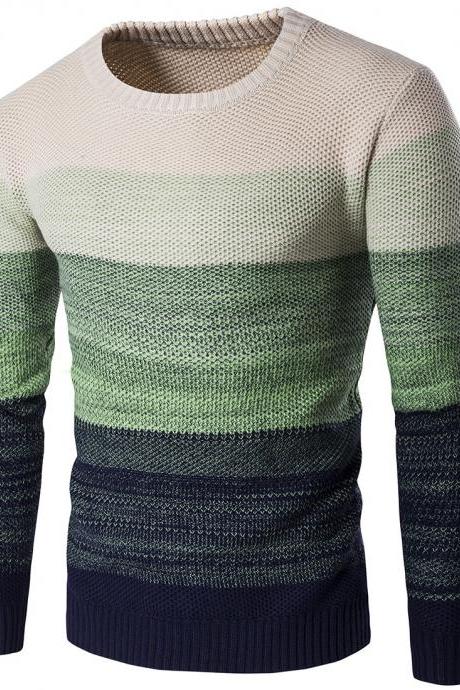 Men Knitted Sweater O Neck Striped Patchwork Casual Long Sleeve Slim Fit Pullover Tops Green