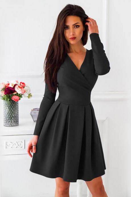Women Casual Dress Spring Autumn V-Neck Long Sleeve Streetwear A Line Formal Party Dress black