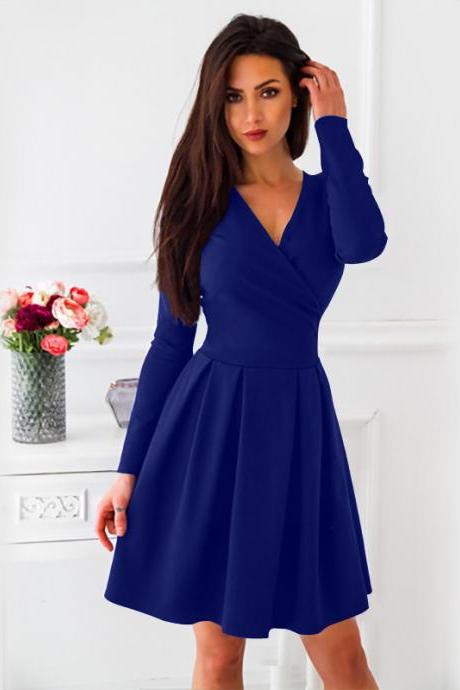  Women Casual Dress Spring Autumn V-Neck Long Sleeve Streetwear A Line Formal Party Dress dark blue
