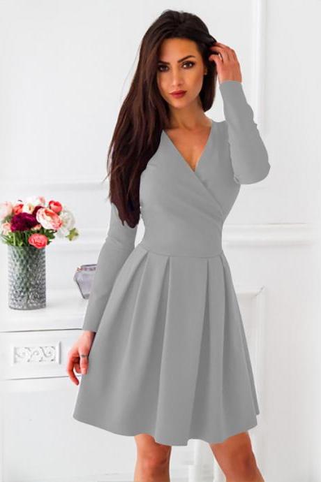 Women Casual Dress Spring Autumn V-neck Long Sleeve Streetwear A Line Formal Party Dress Gray