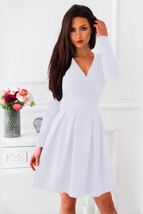 Women Casual Dress Spring Autumn V-Neck Long Sleeve Streetwear A Line Formal Party Dress off white