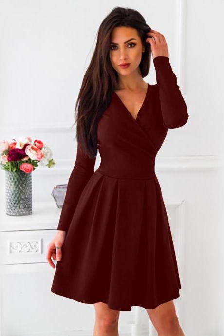 Women Casual Dress Spring Autumn V-Neck Long Sleeve Streetwear A Line Formal Party wine red