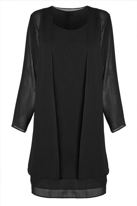 Women Chiffon Midi Dress Plus size Long Sleeve Casual Loose Two Pieces Dress black