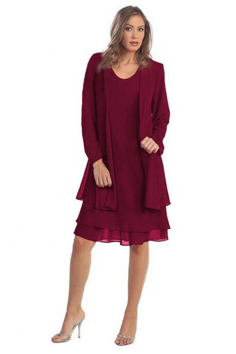  Women Chiffon Midi Dress Plus size Long Sleeve Casual Loose Two Pieces Dress wine red