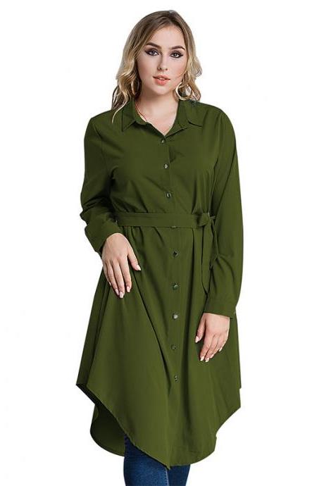 Plus Size Women Shirt Dress Long Sleeve Belted Work Office Midi Casual Asymmetrical Dress army green