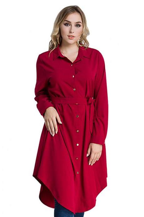 Plus Size Women Shirt Dress Long Sleeve Belted Work Office Midi Casual Asymmetrical Dress red