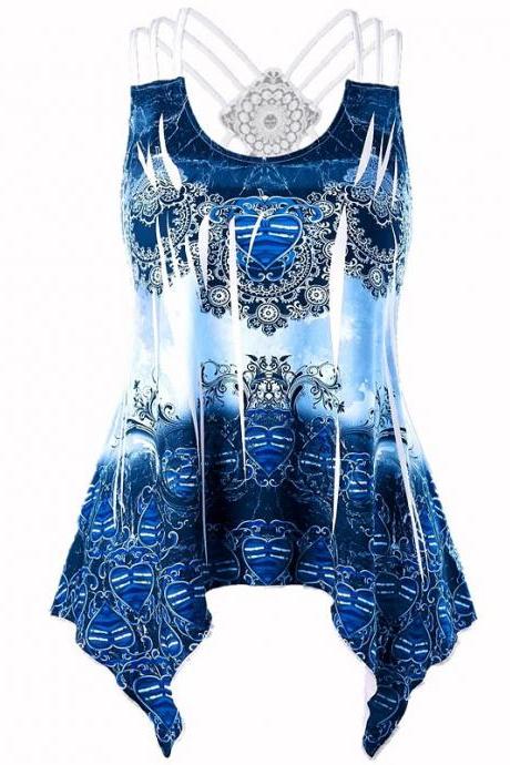 Women Asymmetrical Tank Top Printed Lace Patchwork Casual Summer Sleeveless Vest Top blue