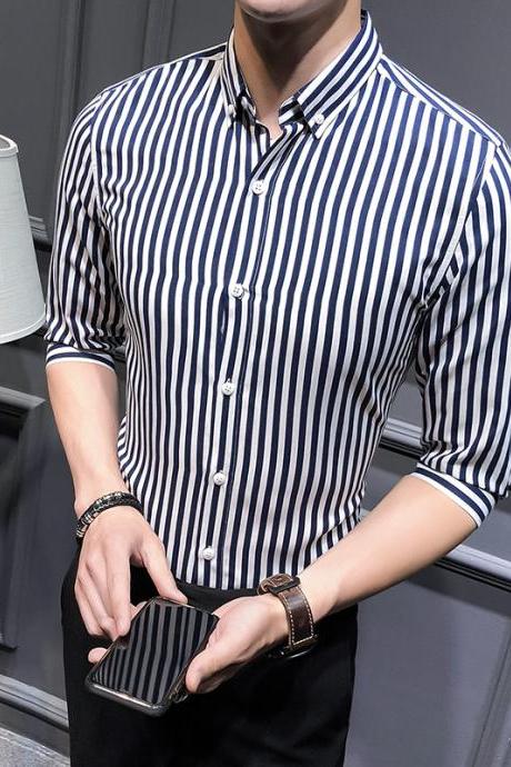 Men Striped Shirt Summer Turn-down Collar 3/4 Sleeve Casual Plus Size Slim Fit Shirt black