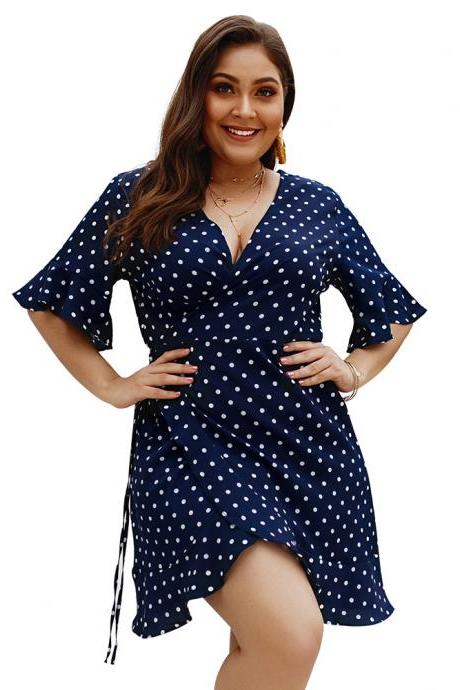  Women Polka Dot Dress V-Neck Short Flare Sleeve Plus Size Wrap Casual Summer Mini Party Dress navy blue