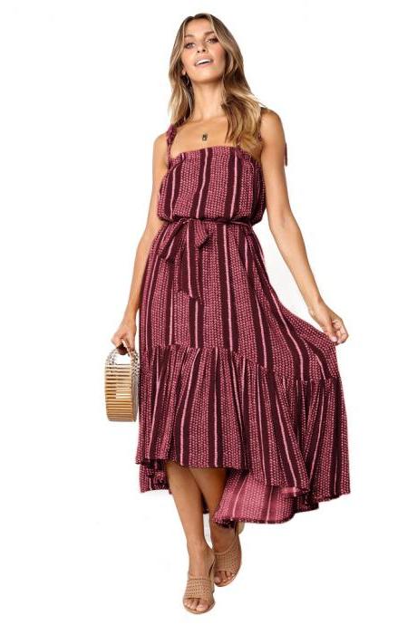 Women Asymmetrical Dress Spaghetti Strap Sleeveless Printed Belted Casual Summer Beach High Low Boho Dress red
