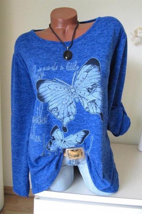 Women Long Sleeve T Shirt Spring Butterfly Printed Casual Plus Size Pullover Tops blue