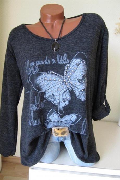 Women Long Sleeve T Shirt Spring Butterfly Printed Casual Plus Size Pullover Tops dark gray