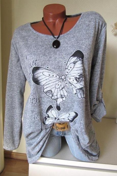 Women Long Sleeve T Shirt Spring Butterfly Printed Casual Plus Size Pullover Tops gray
